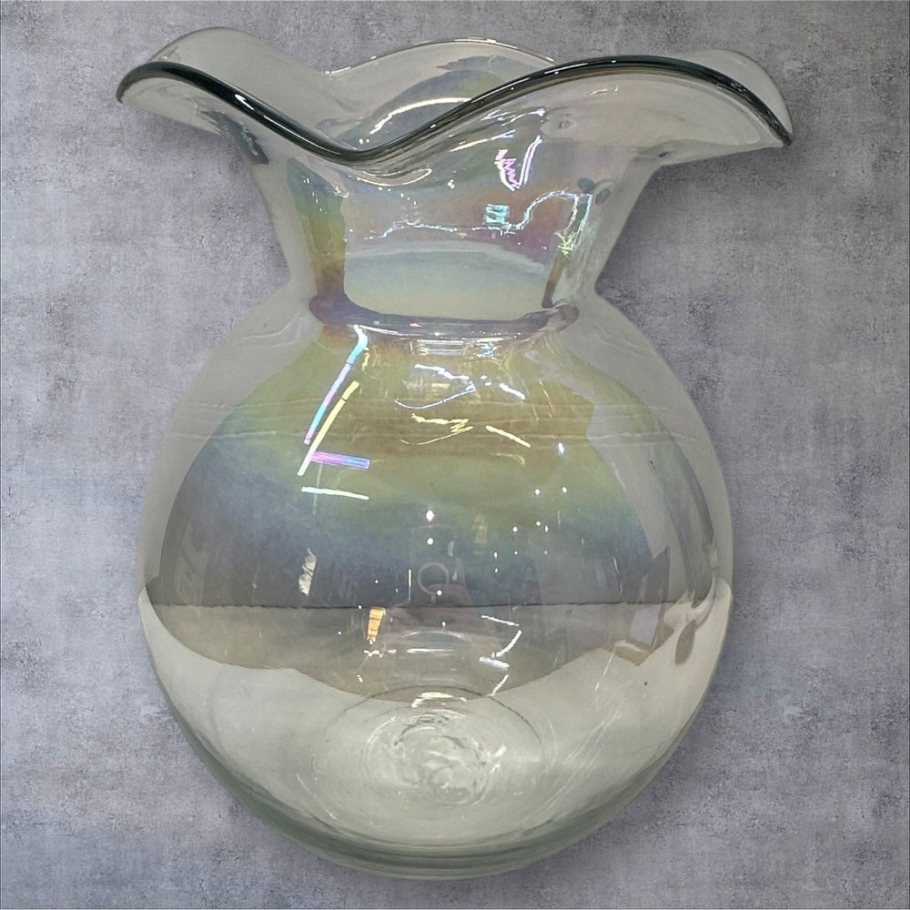 Iridescent Art Glass Vase Hand Blown Clear Wavy Rim Large‎ Bulbous Form